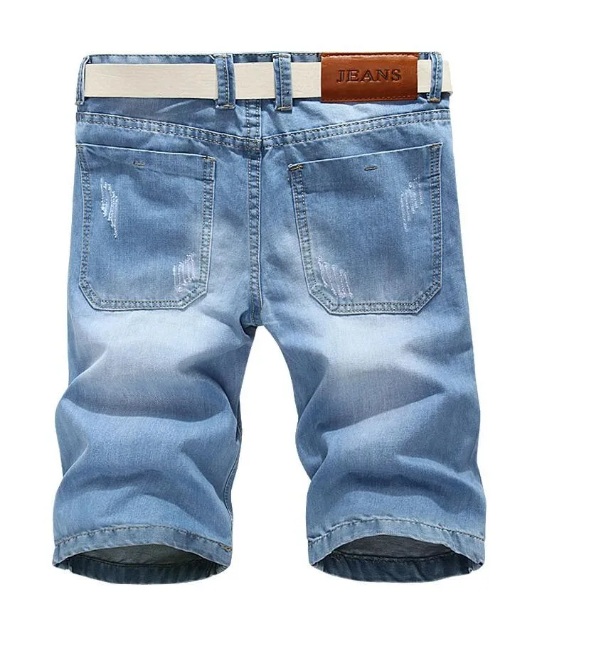 Мужские короткие джинсы, новые летние мужские однотонные хлопковые джинсовые шорты с дырками, повседневные шорты до колена, светильник, синие джинсы, шорты, размер 36