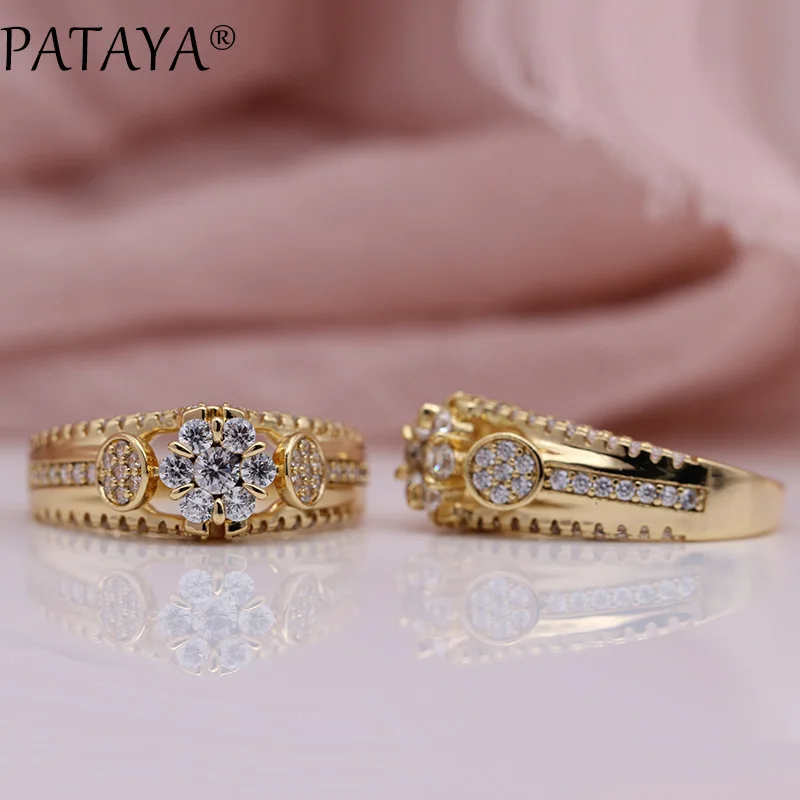PATAYA, Новое поступление, мода 585, розовое золото, микро воск, инкрустация, белый натуральный циркон, кольца для женщин, роскошное кольцо, благородные цветы, ювелирное изделие