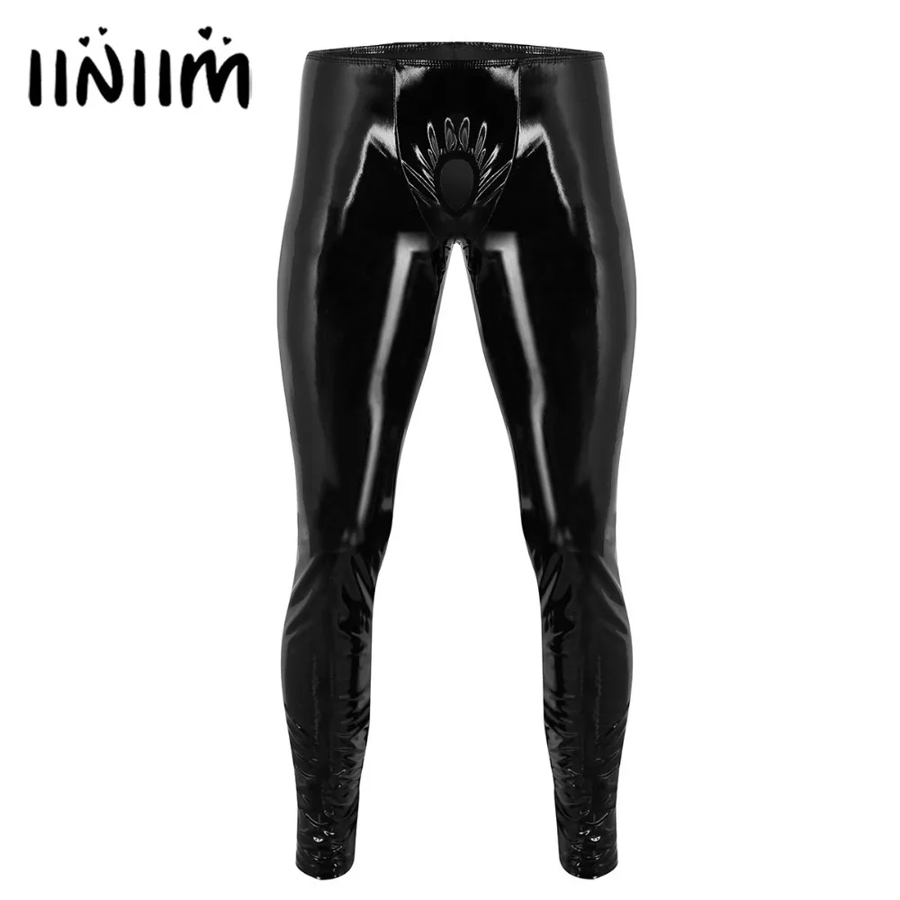 Mens Lingerie Wetlook Slim Fit Shiny Patent Leather Nightclub Party Tight Pants Leggings Trousers with Open Penis Hole Mens Lingerie Wetlook Slim Fit Shiny Patent Leather Nightclub Party Tight Pants Leggings Trousers with Open Penis Hole