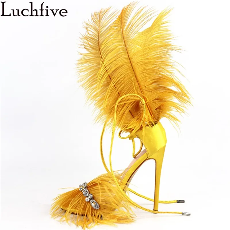 

Luchfive Feather Rhinestone Sexy Sandals Women 2019 Runway Design 12cm High Heels Crystal Ankle Strap Fashion Party Shoes Woman