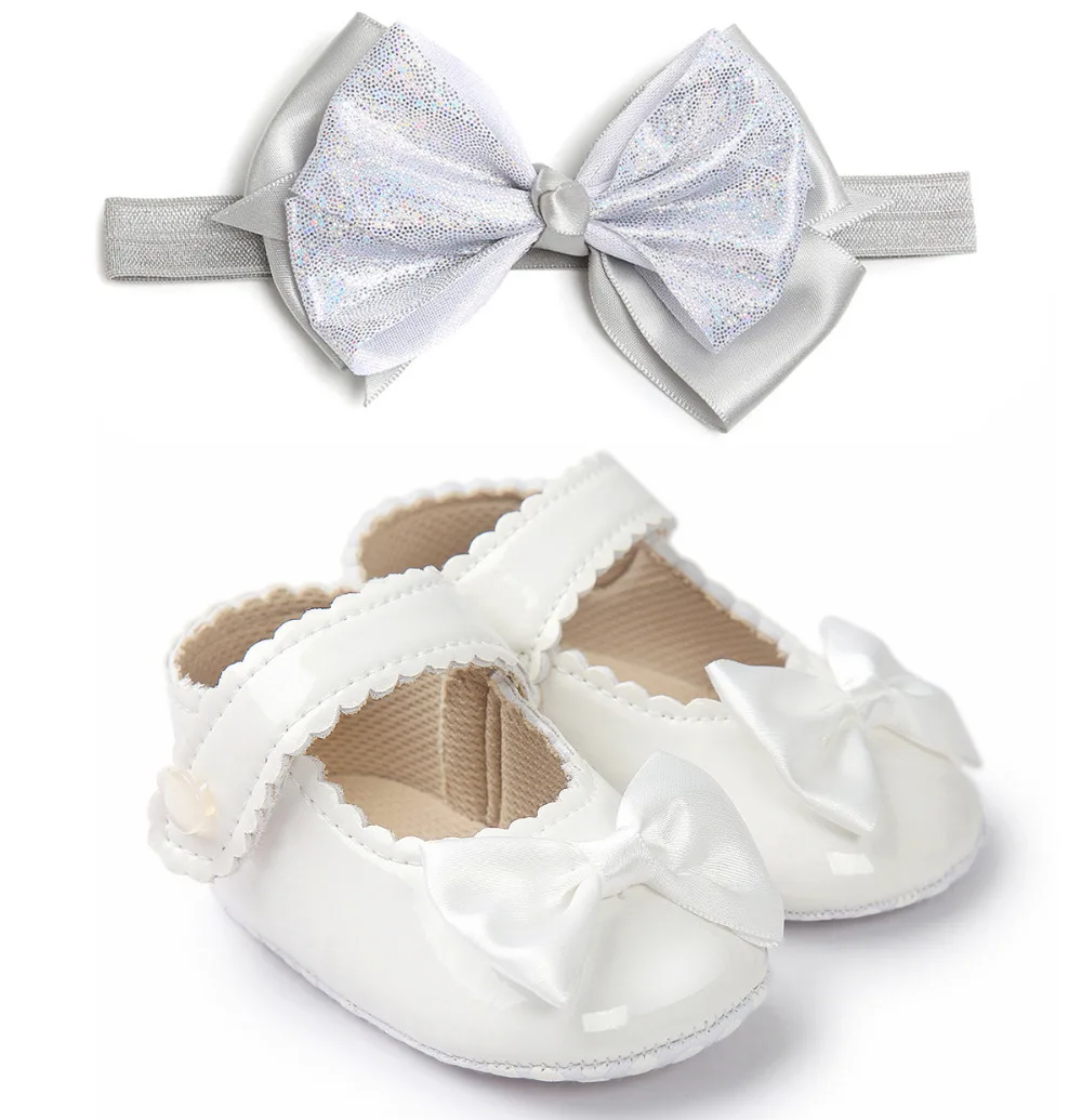 

Baby Girl Patent leather Shoes Baby Princess Newborn PU Shoes Soft Infants Christening Shoes Baptism Bow First Walker + headband