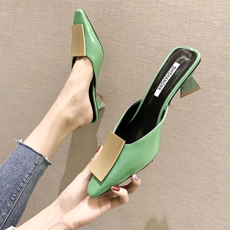 

Low Modis Chunky Heel Leather Slippers Female Outside Summer Ladies Closed Toe Rubber Brief New 2019 Mules Flat Korean Slides