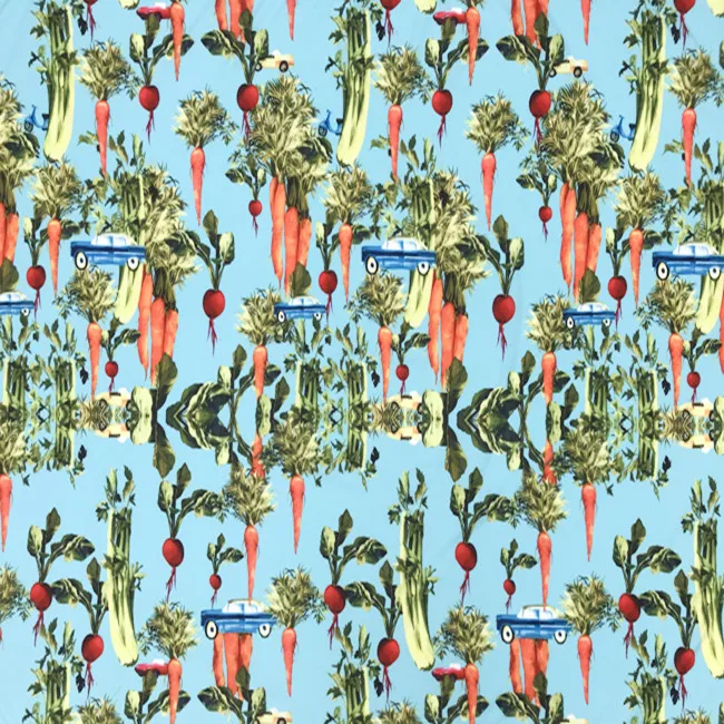 

Romantic Theme Fresh Vegetables Radish Four Way Little Stretch Blue Polyester Fabric for Woman Summer Dress Skirt DIY