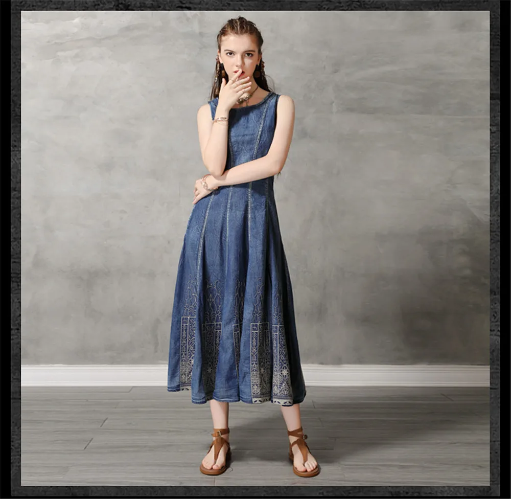 Vintage Summer Cotton Denim Dress 2019 Women's Dresses Sundress Embroidery O-Neck Vestido Women Tank Dress Sleeveless Dresses (13)