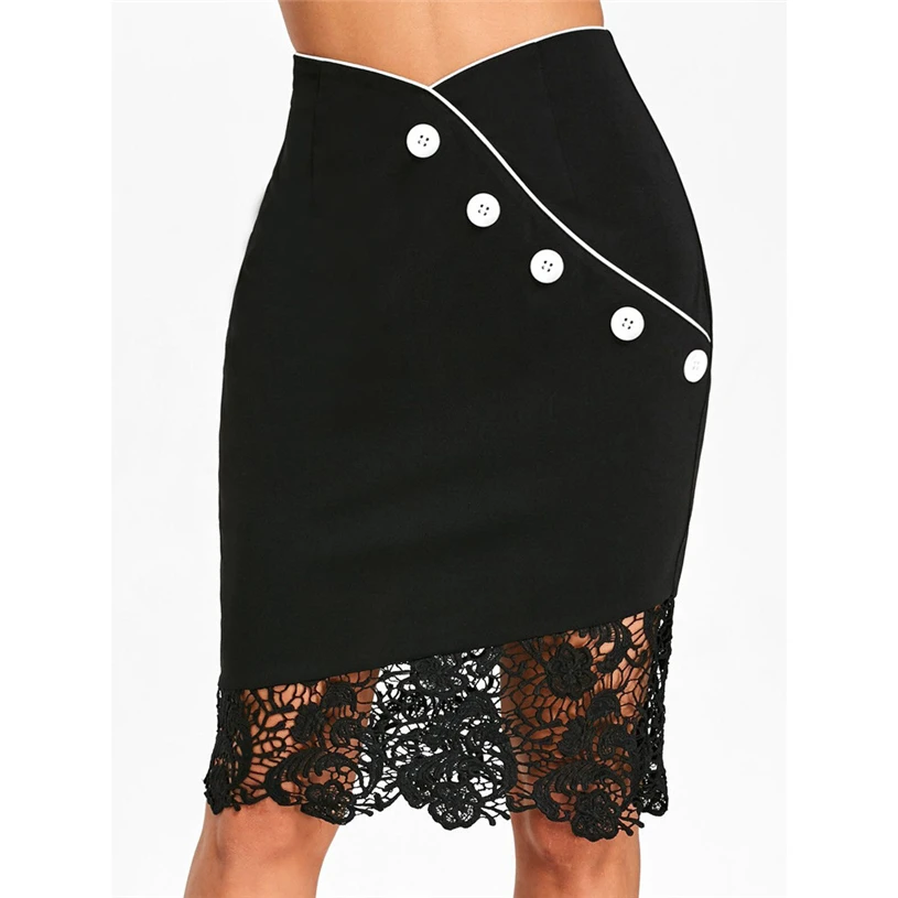 Womens Button Lace Pleated Elasticated Waist Skirts Summer