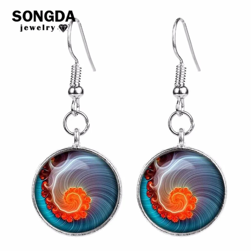 

SONGDA 2018 New Bohemian Jewelry Mandala Flower Glass Cabochon Earrings OM Religion Buddhism Zen Symbol Long Drop Earrings Women