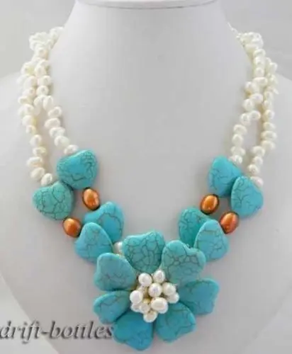

2row 19'' 6mm white freshwater pearl 9mm rice orange pearl green stone necklace