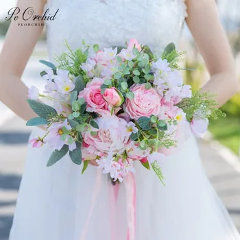 

PEORCHID Vintage New Pink Peony Rose Wedding Bouquet Flores Damas De Honor Summer Artificial Wildflower Bridal Flower Bouquet