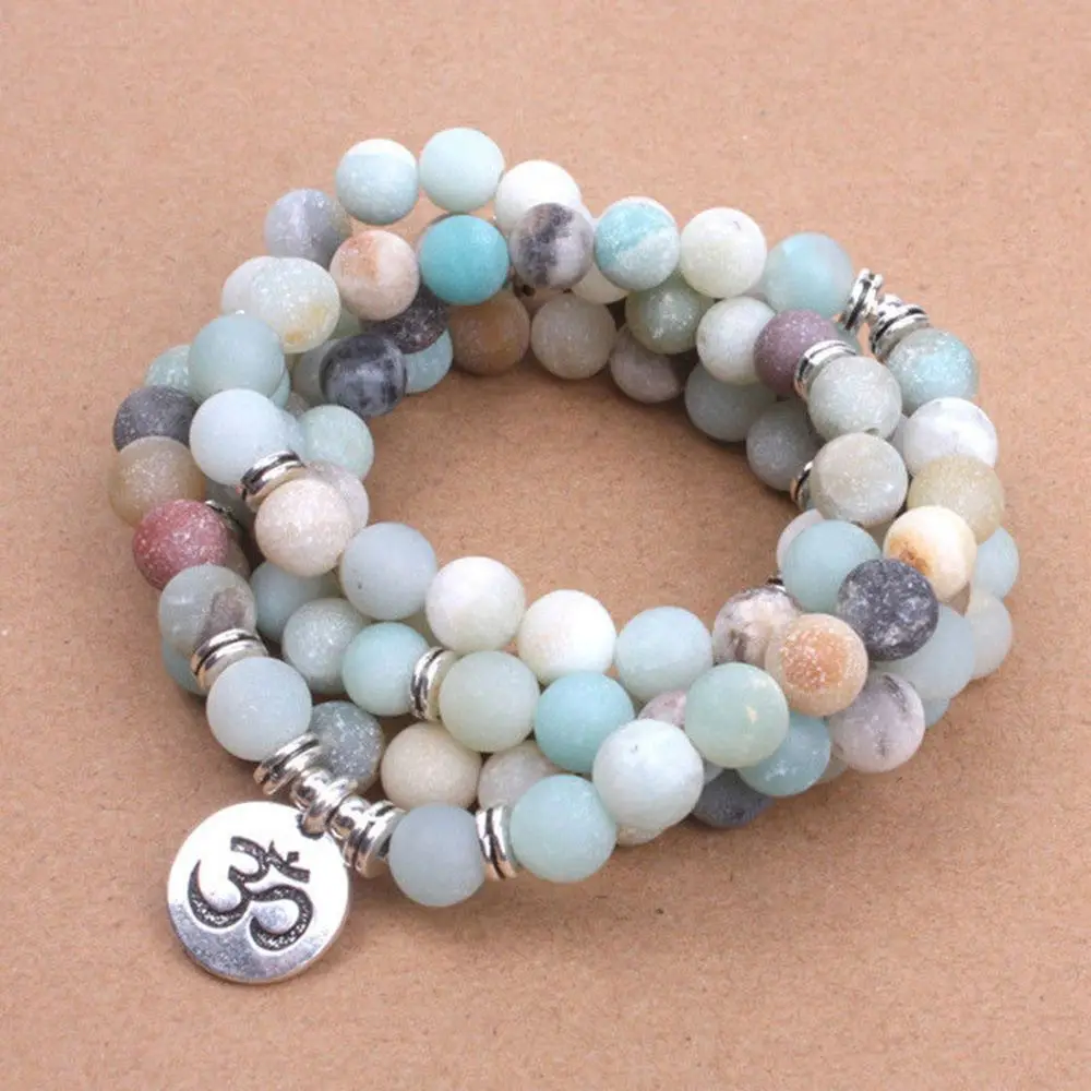 Women's Bracelet Amazonite Prayer Beads Energy with Lotus OM Buddha Yoga Bracelet 108 Mala Meditation Necklace Jewelry Bijoux