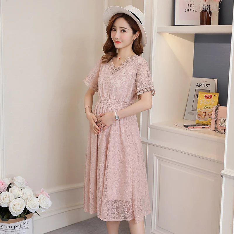 

8341# Elegant Sweet Lace Maternity Dress Summer Korean Fashion A Line Slim Clothes for Pregnant Women Charming Bodycon Pregnancy