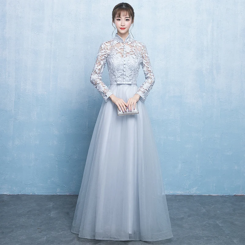 Серый китайский стиль платье подружки невесты элегантный для женщин с длинным рукавом Qipao Vestidos Пол Длина Chepngsam пикантные Вечеринка платья