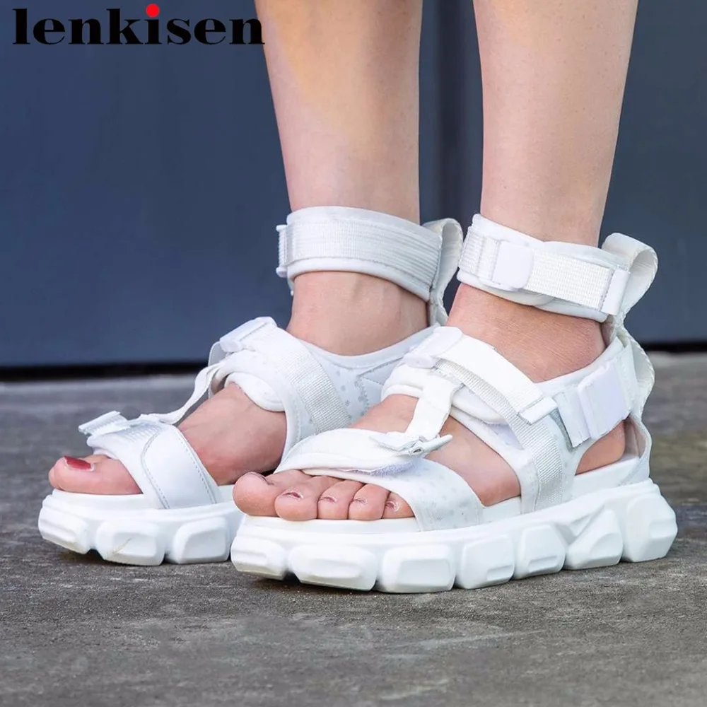 

Large size European style flat platform peep toe hook&loop design handsome rock girls med bottom peep toe gladiator sandals L77