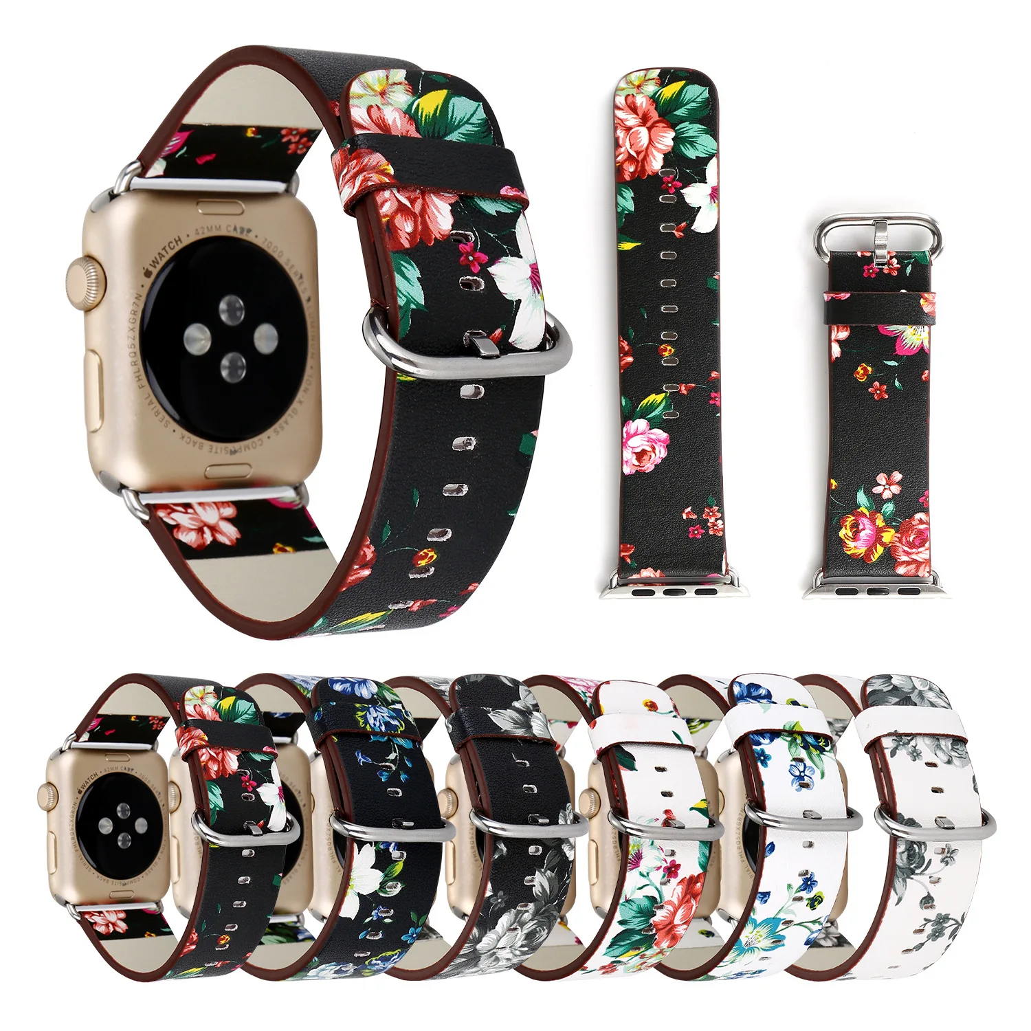 Для наручных часов iWatch серии Apple Watch, версия 1, 2, 3, ремешок с цветочным узором из натуральной кожи браслет, ремешок для часов 38 мм 42 мм