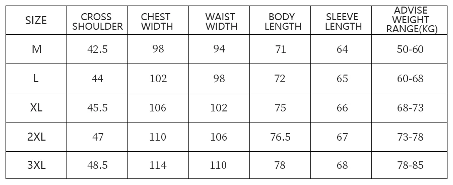 修身版长袖尺寸表