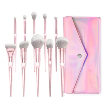

High Quality WNW Laser Pink 10Pcs Makeup Brush Set with Bag Taper Powder Highlighter Blending Concealer Blush Make up Brush kit