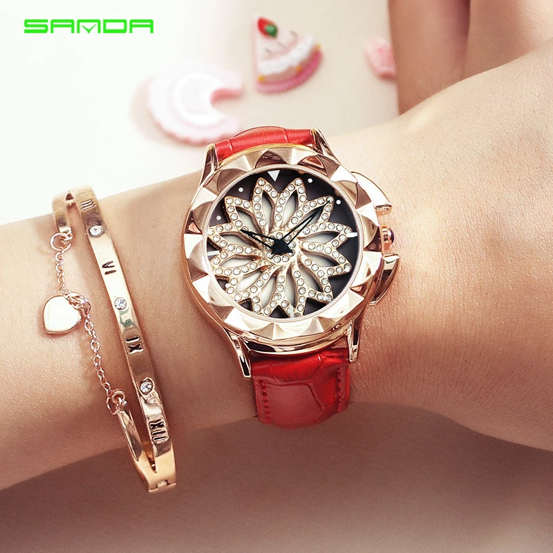 

SANDA 360 Degree Rotate Quartz Watch Women Casual Ladies 30M Waterproof Watches Leather Strap Clock Wristwatch relogio feminino