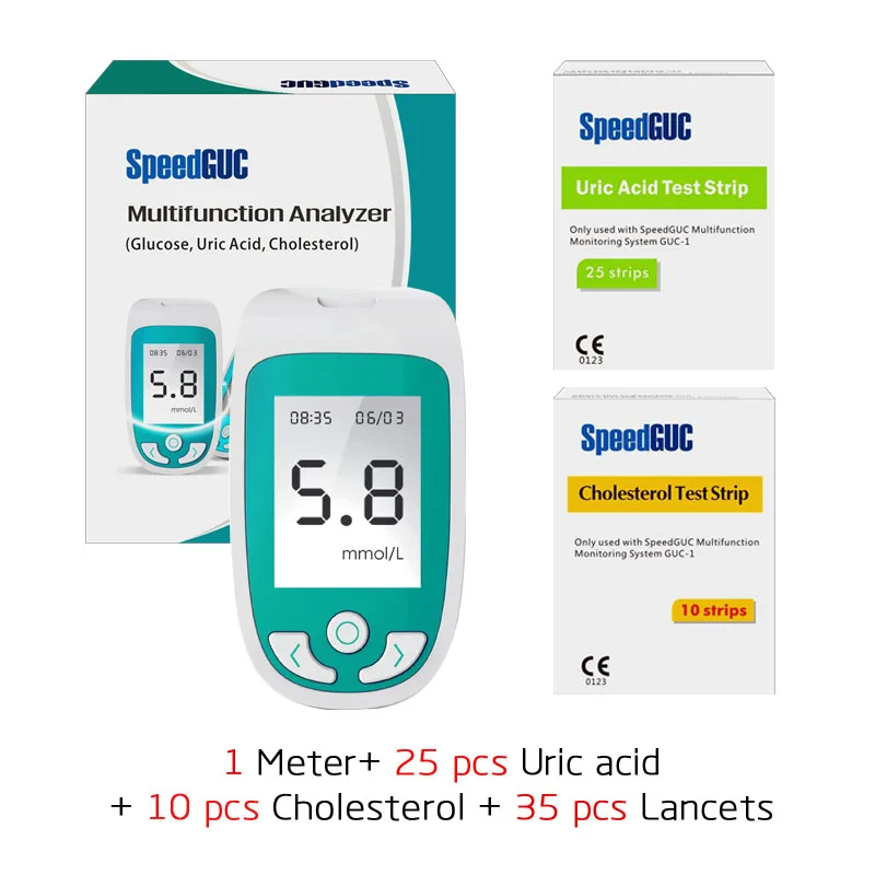 3в1 Многофункциональный измеритель уровня холестерина и мочевой кислоты и уровня глюкозы в крови система мониторинга подагра диабета устройство с тестовыми полосками и ланцетами - Цвет: Meter UA25Cho10
