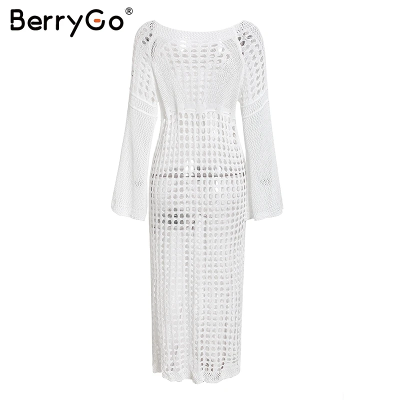 BerryGo, пляжное платье, летнее, с длинным рукавом, трикотажное, с разрезом, сарафан, сексуальный, с вырезом, модное, элегантное, праздничное, вечерние, белое, vestidos