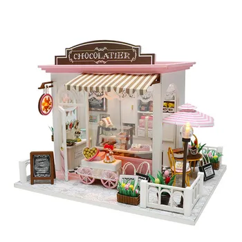 

Miniature Chocolate Shop Dollhouse Furniture Accessories DIY Wooden Dolls House With LED Lights Puzzle Toy Birthday Gift