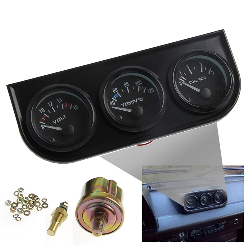 

Universal Oil Pressure Water Voltage Volt Triple Gauge Chrome Panel 2" New