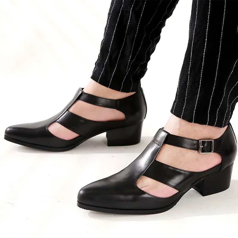 Men Sandals 5cm High heels Men's Casual Shoes Pointed Toe Genuine Leather sandalias Summer fashion buckle strap leather sandals
