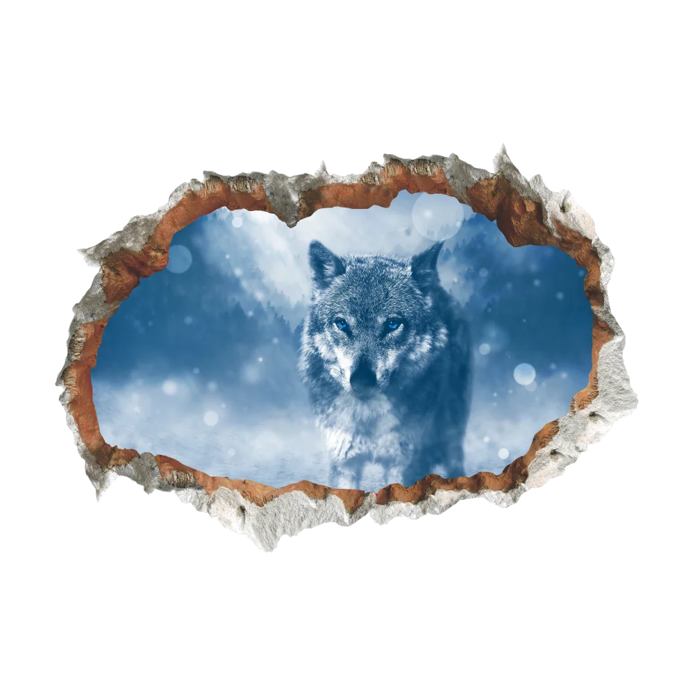 Arctic Snow Wolf Wall Stickers 3D Vivid Broken Hole Wall Decals Poster Mural Living Room Bedroom Home Decor
