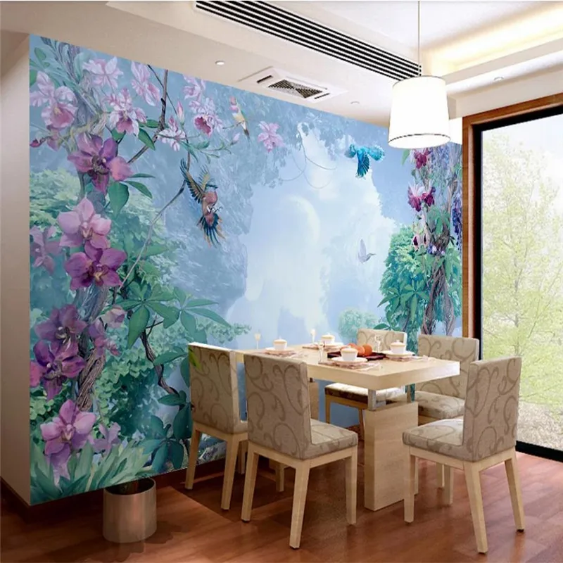 Custom wallpaper Nordic hand-painted small fresh tropical plants flowers and birds background decorative waterproof material Custom wallpaper Nordic hand-painted small fresh tropical plants flowers and birds background decorative waterproof material