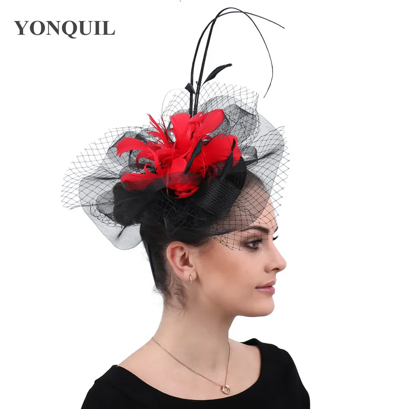 Kenducky черные чародейные шляпы, повязка на голову для женщин, украшения из перьев красного цвета, головные уборы для женщин, свадебный головной убор