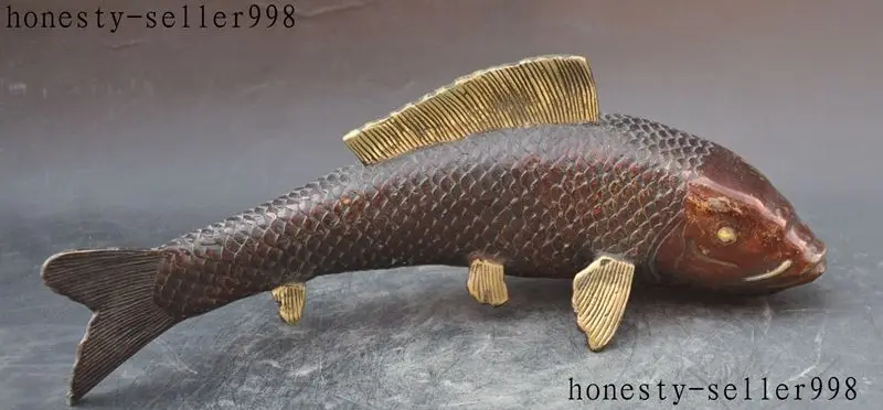 

Crafts statue China FengShui Bronze Gilt Auspicious Fish Goldfish barracuda Animal Statue halloween