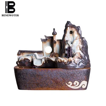 

110V/220V Jingdezhen Vintage Ceramics Rockery Building Flowing Water Fountain Tabletop Atomizer Humidifier Feng Shui Wheel Decor