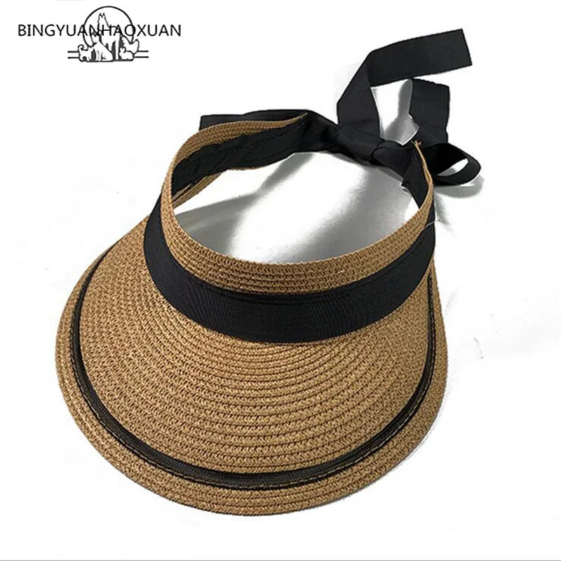 Summer Hats for Women Sun Visor Straw Hat with Ribbon Bow Foldable Beach Sunshade Outdoor Travel