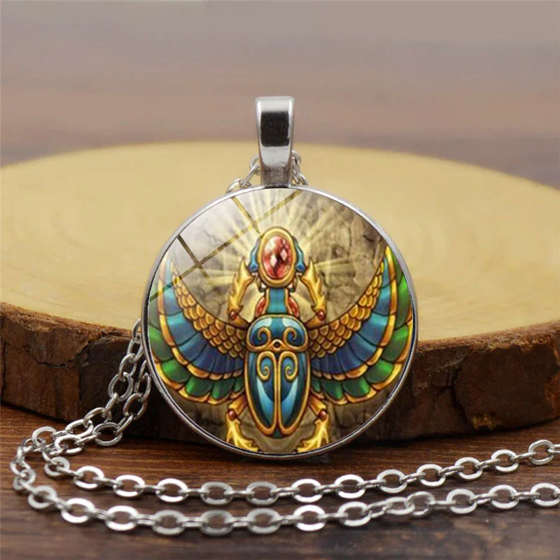 

Vintage chain Egyptian scarab necklaces pendant picture glass cabochon long necklace for women jewelry statement necklace