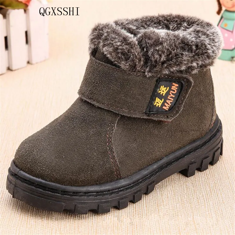 

QGXSSHI Children Boots Boys Girls Winter Snow Boots Plush Lined Cow Leather Waterproof Baby Shoes Kids Sneakers Flats
