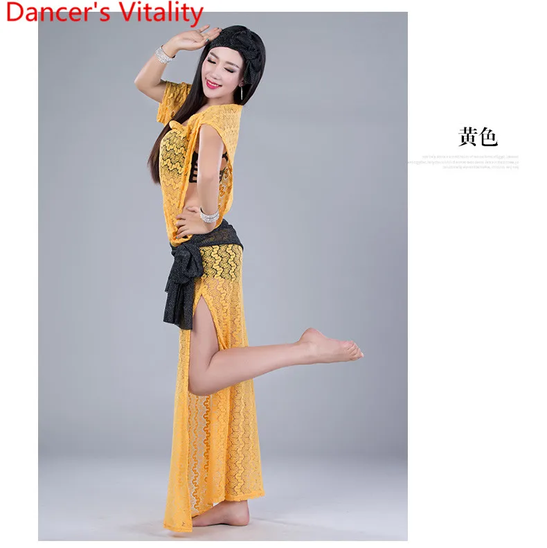 Профессиональные костюмы для танца живота Кружева Belly Dance Set 3шт. Hearddress+ Dress+ Scarf For Women - Цвет: Цвет: желтый