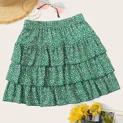 Женская мода лето Высокая талия плиссированная юбка ветер юбка для косплея Лето Повседневная Зеленая точка печати комплект пуловер +