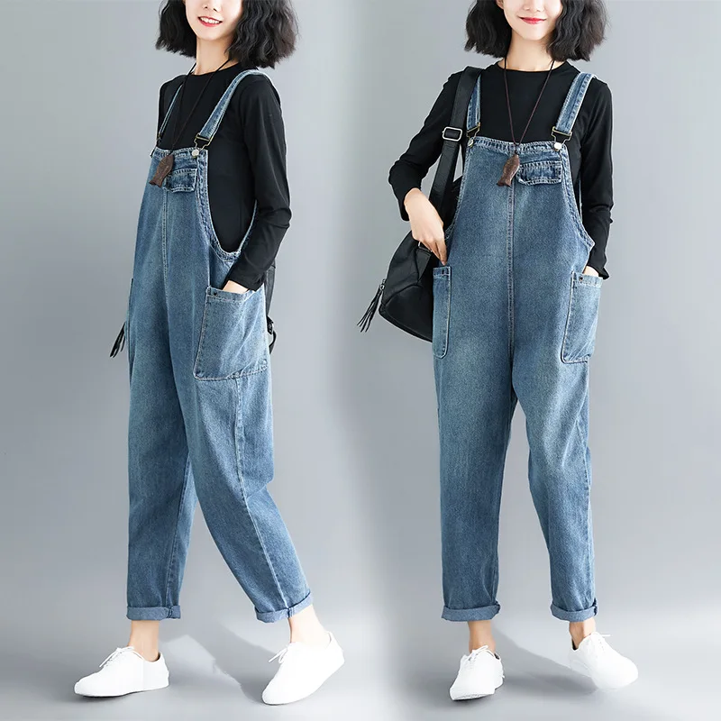 

Korean Version Fashion Full-length Jumpsuits Women Plus Size Casual Age-reducing Blue Pocket Strap Trousers XL-01