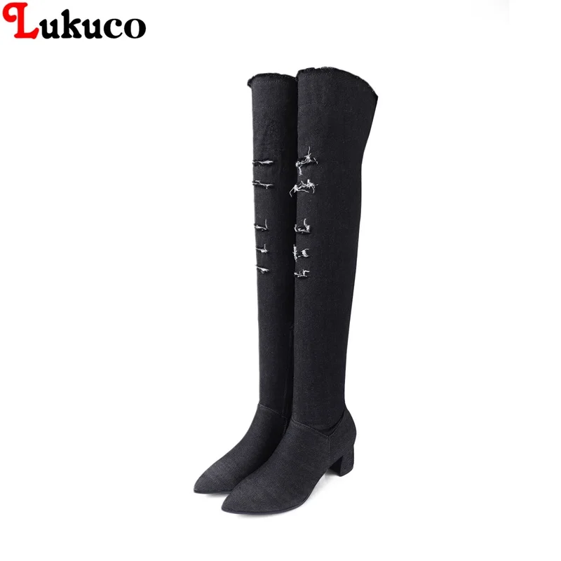 

Lukuco Brand Ladies Boots Spring Autumn Denim Over the knee Botas Plus Size 38 39 40 41 42 43 Handmade Free Shipping Women Shoes
