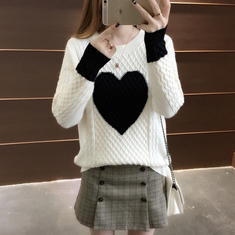 

Fashion Contrast Color Knitted Sweater Women Heart Pattern Sweaters And Pullovers 3D Design O-neck Long Sleeve Sweater Tops
