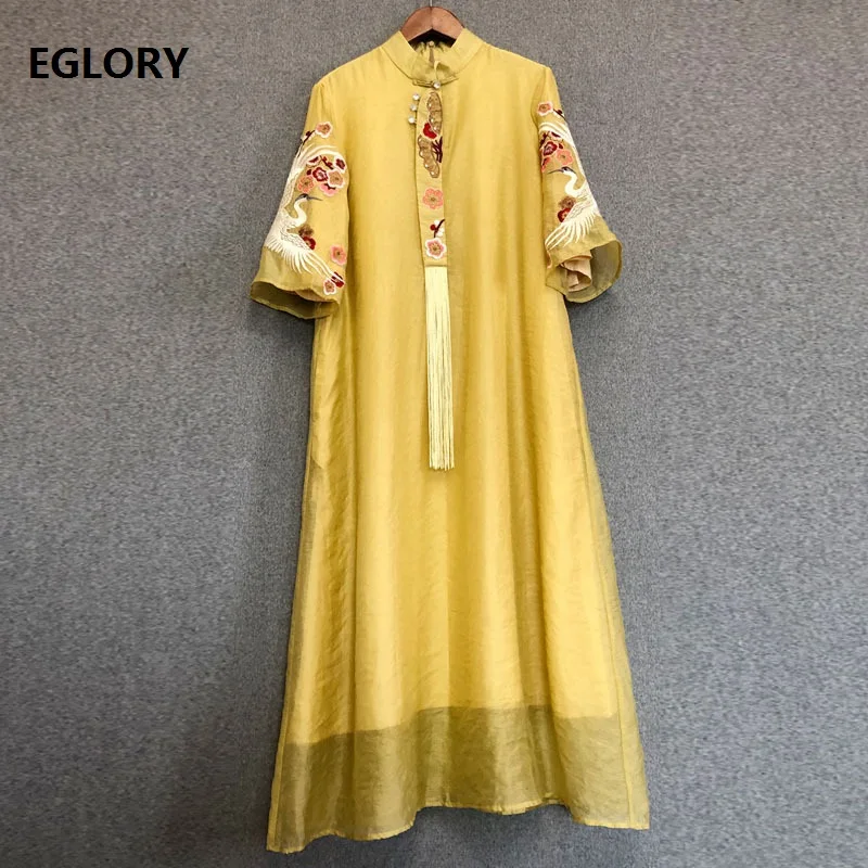 

Tassel Party Elegant Dress New 2019 Spring Summer Fashionale Women Cute Swan Embroidery Half Sleeve Straight Yellow Pink Dress