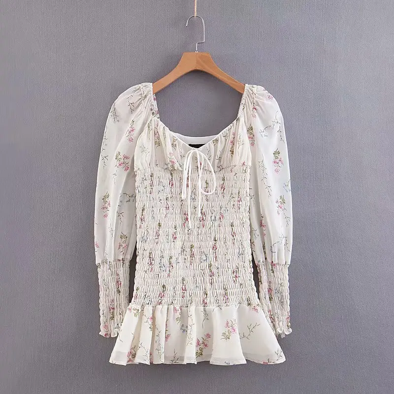 

Sexy Chiffon Summer Dress Women Chic Floral Print Dress Lady Puff Sleeve V Neck Elastic Ruffle Mini Dress Holiday Beach Dress