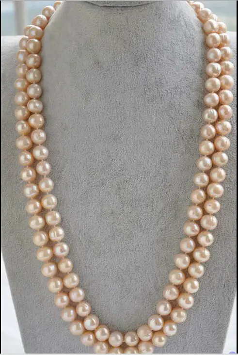 

free shipping 9-10mm AAA round pink pearl necklace 50inch t a()