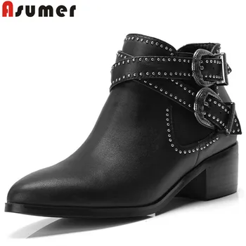 

ASUMER 2020 hot sale new ankle boots for women round toe genuine leather boots square heels classic ladies autumn winter boots