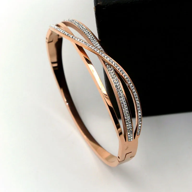 

Fashion Stainless Steel Better Cross Crystal Hollow Arc Bangle Bracelet Rose Gold Color Female Woman Wedding Party Gift