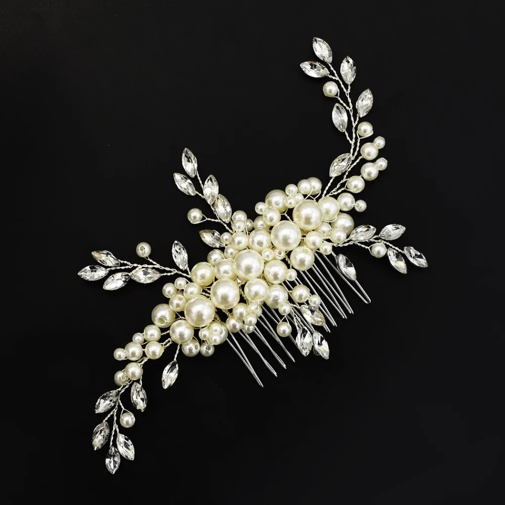

Women Hair Combs Wedding Hair Accessories Tiara Pearl Rhinestone Silver Bridal Hair Ornaments Flower Head Jewelry Headband