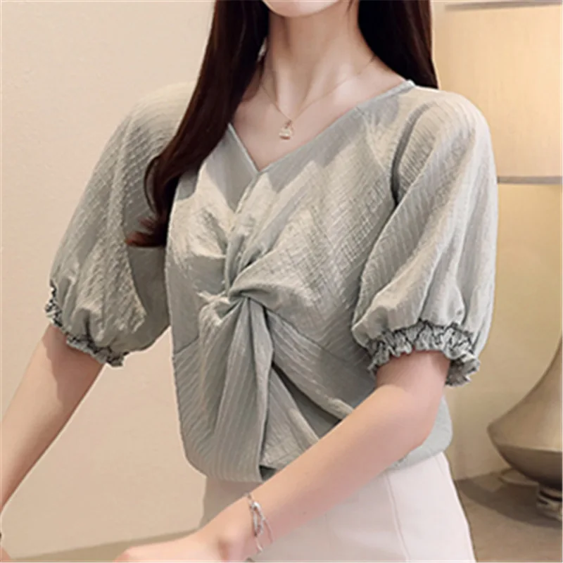 

2019 New Fashion Summer Women Blouses And Tops Chiffon Puff Short-Sleeve Shirts V-Neck Solid Color Casual Clothing Top Blusas