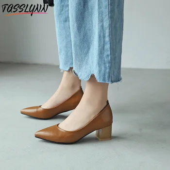 

TASSLYNN 2019 Apricot Wedding Shoes Women Pumps Elegant Slip on Thick Heels Lady Pointed Toe PU Fashion Pumps Large Size 34- 43