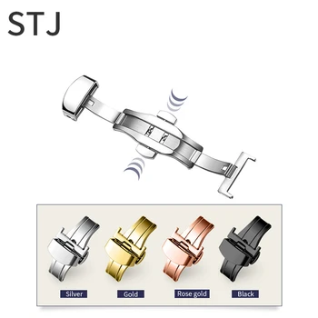 

STJ Brand Butterfly Buckle Watchband Double Push Button Fold Buckle 10 12 14 16 18 20 22mm Rose Gold Silver Black Relojes Hombre