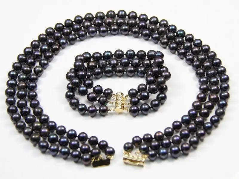 

shipping s116 New 3 rows AA 8-9mm white black fresh water round pearl necklace bracelets (A0423) -Top quality free shipping