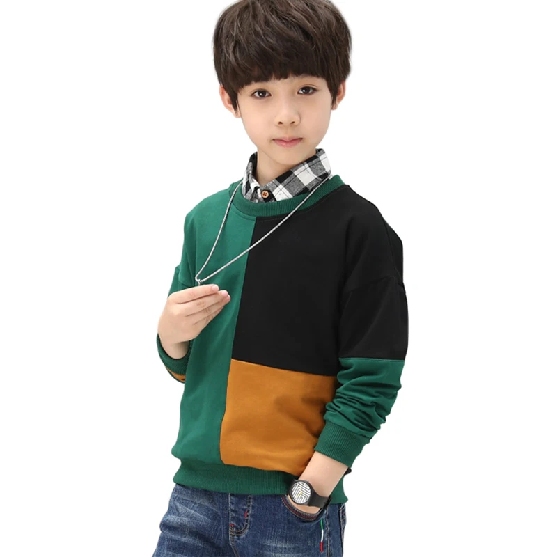 Толстовки для подростков 10, 12, 14 лет, лоскутный пуловер для мальчиков, рубашки с длинными рукавами для мальчиков, школьная детская футболка, Детская верхняя одежда - Цвет: Green