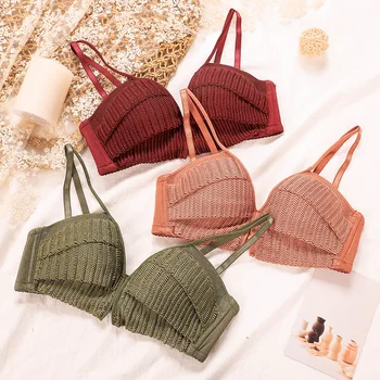 

Wire free young girls dress green fashion push up intimates deep-v neck adjustable thicken bra set underwear women sexy lingerie